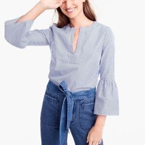 J.Crew Women's Blue and White Bell Sleeve V Neck Blouse
